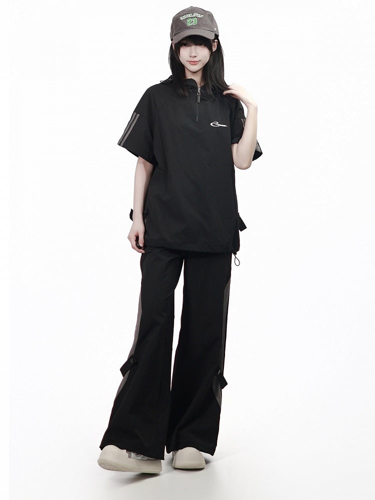 Black Breathable Straight Pants with Mesh Accents - PINK SAVIOR