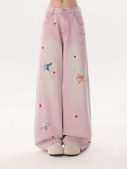 5-Color Casual Distressed Straight Jeans with Star Embroidery Decoration - Rayohopp