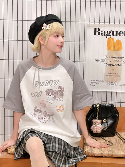 Gray Adorable Puppy Print Bowknot Long/Short Detail Version T-Shirt