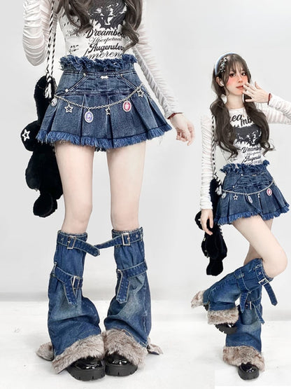 Y2Kヴィンテージ ダークブルー ディストレストトリム デニム グラマラススカート+バックルストラップ プラッシュトリム レッグウォーマー