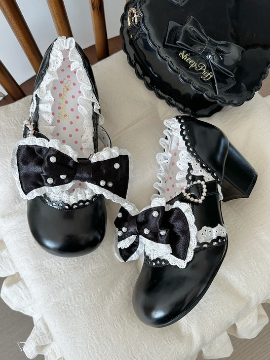 Bow Sweet Beaded Accent Scalloped-Edge with Mary Black Strap Buckle Decorated Leather - Janes Lolita PU