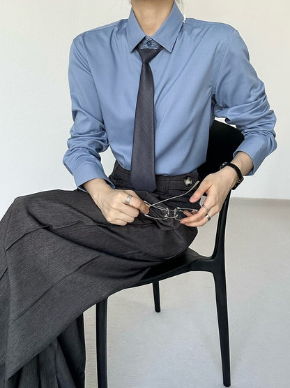 Ouji Long Collar Modal with Flat Unisex Shirt Dusty Blue Sleeve Cuffs Button Pointed Lolita