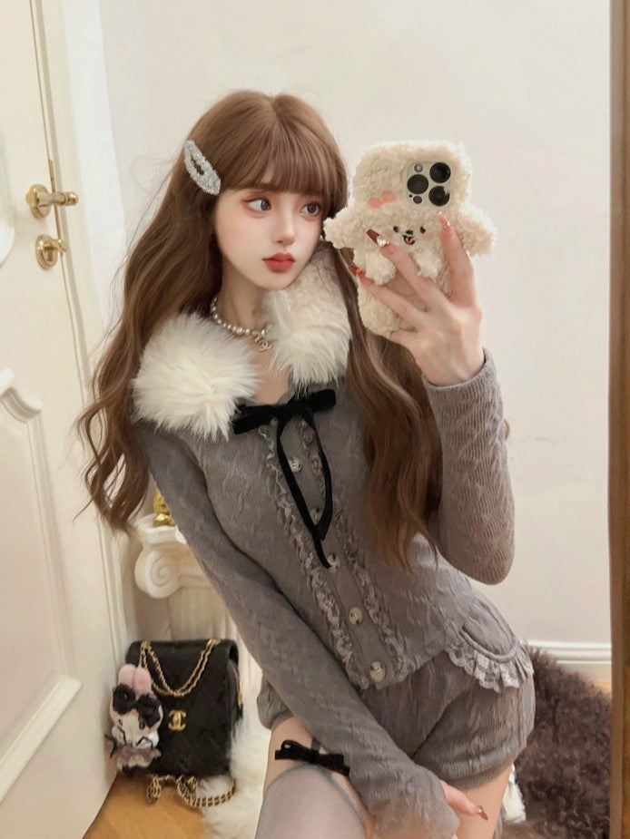 Pocket Lace-Trimmed Black With Gray Shorts Detail Bow Fleece Knit