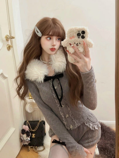 Pocket Lace-Trimmed Black With Gray Shorts Detail Bow Fleece Knit