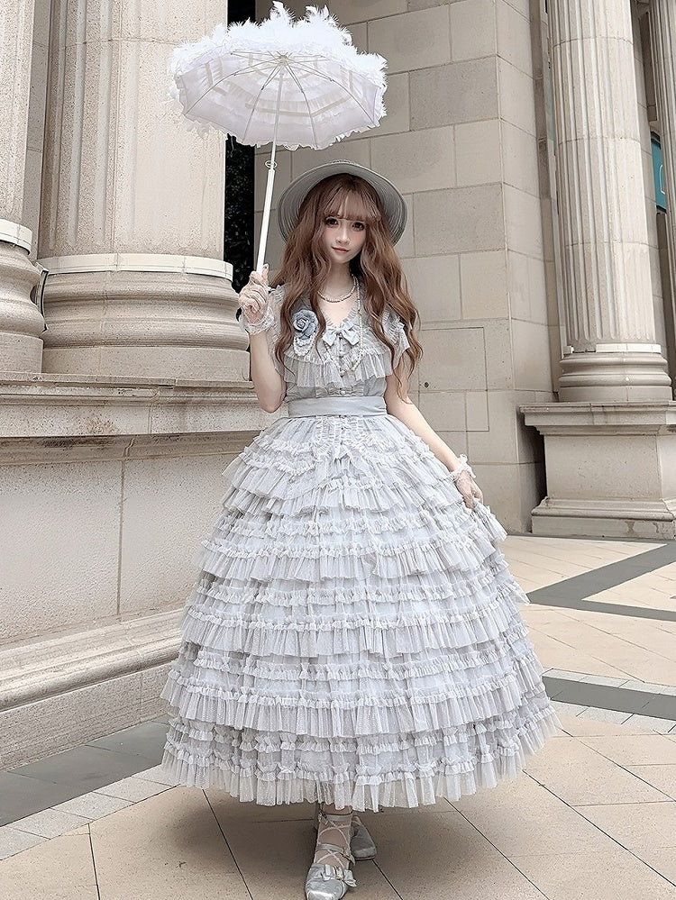 Elegant Waist + Cotton Skirt Tulle Lolita Vest Set Multi-layered Mesh Classic Gray Belt Dotted -