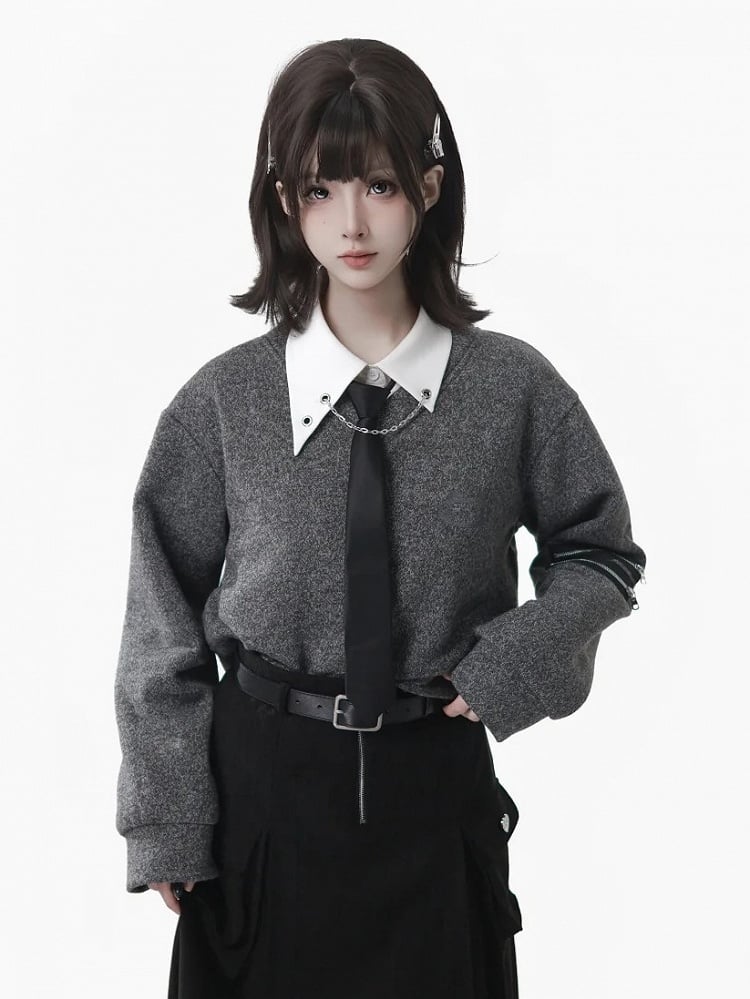 with Accents Sweatshirt Zip Gray V-Neckline Dual