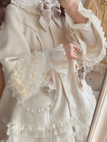 Ruffled Accents Lace Bow Details Sweet and Winter Lolita Coat Beige with