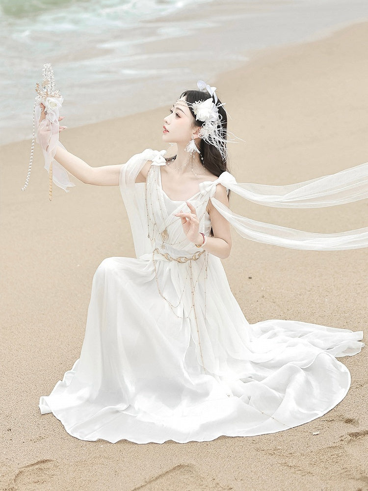 White Greek-inspired Lolita Flowing Bow Shoulders Maxi Dress with Gold Chains - Xiong Dou Jiang