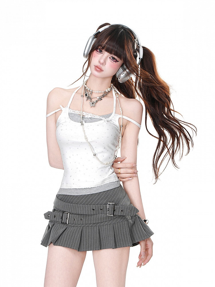 Grau/weißes Neckholder-Camisole mit Schleifendetails, zweiteilig, glamourös