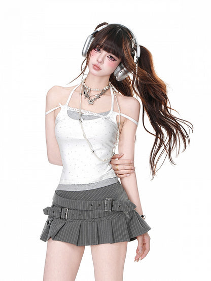 Grau/weißes Neckholder-Camisole mit Schleifendetails, zweiteilig, glamourös