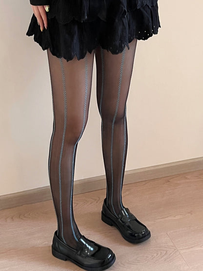 Striped Pattern Green/White/Black Wheat Ears Tights Details Of