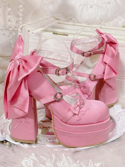 クラシックヒール メアリーロリータ ハイ ボウノット ピンク プラットフォーム エレガント ジェーンズ