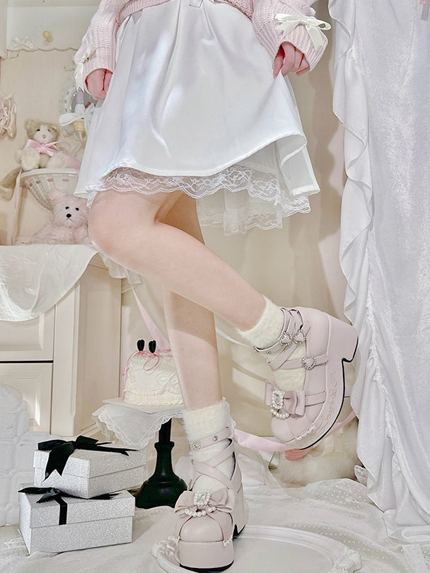 ビーズ装飾のケイピンクとハイトッププラットフォームジライマットボウラインストーンブロックヒール