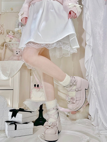 ビーズ装飾のケイピンクとハイトッププラットフォームジライマットボウラインストーンブロックヒール