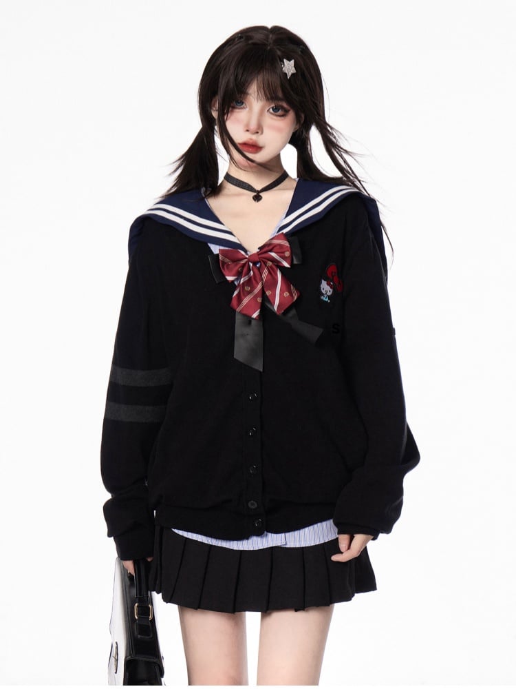 Pleated Skirt Style Double Heart Buckles Black Preppy
