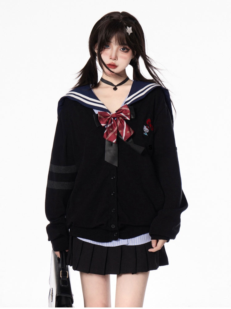 Style Pleated Skirt Double Heart Buckles Black Preppy
