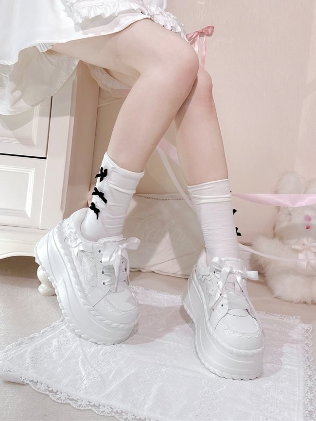 Buttercream White Kawaii Platform Lace-Up Edging Sneakers Classic - Ruffle