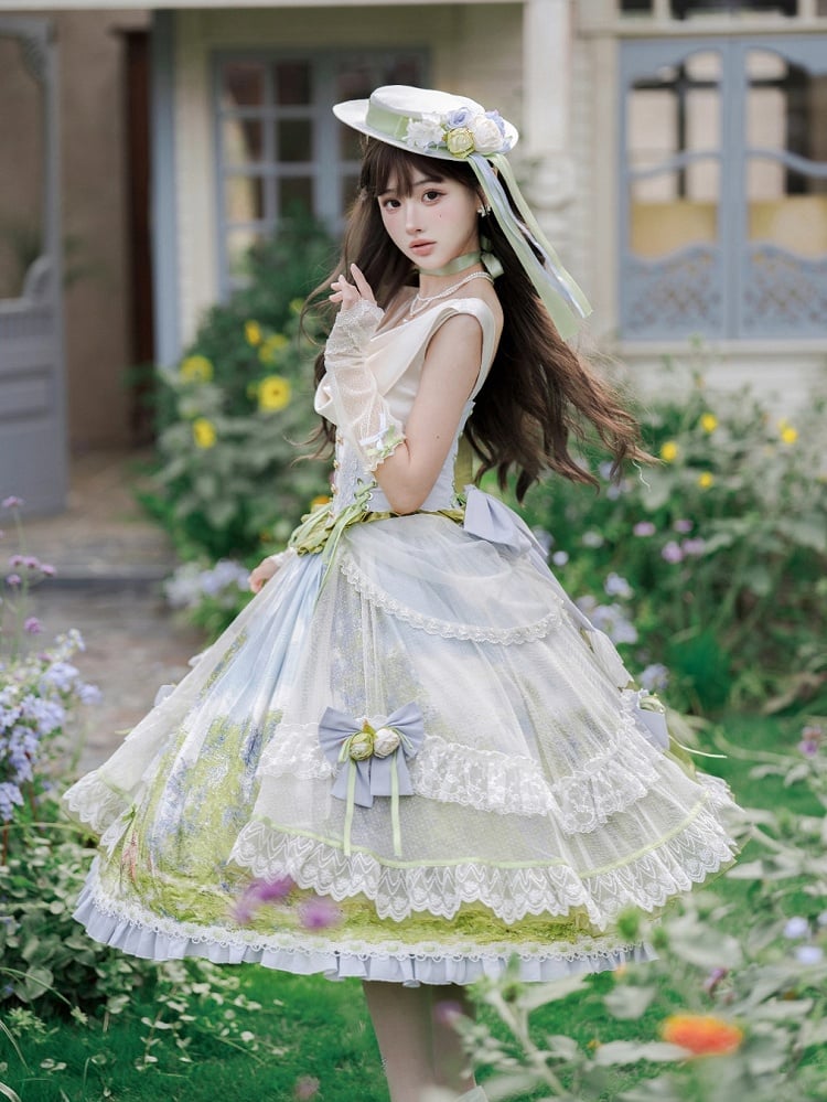 Art Print Skirt Classic Lolita Cowl Neck JSK Dress with Removable Overlay - Moonlight Dream