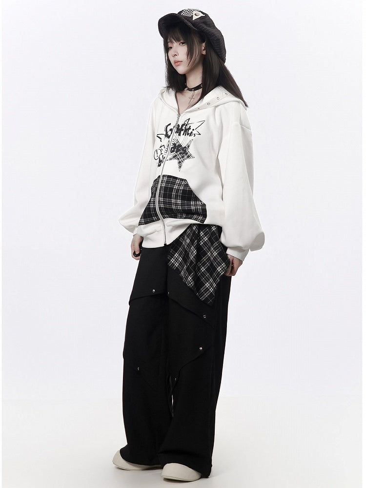 Black Layered Patchwork Pants with Asymmetric Plaid Detailing - PINK SAVIOR