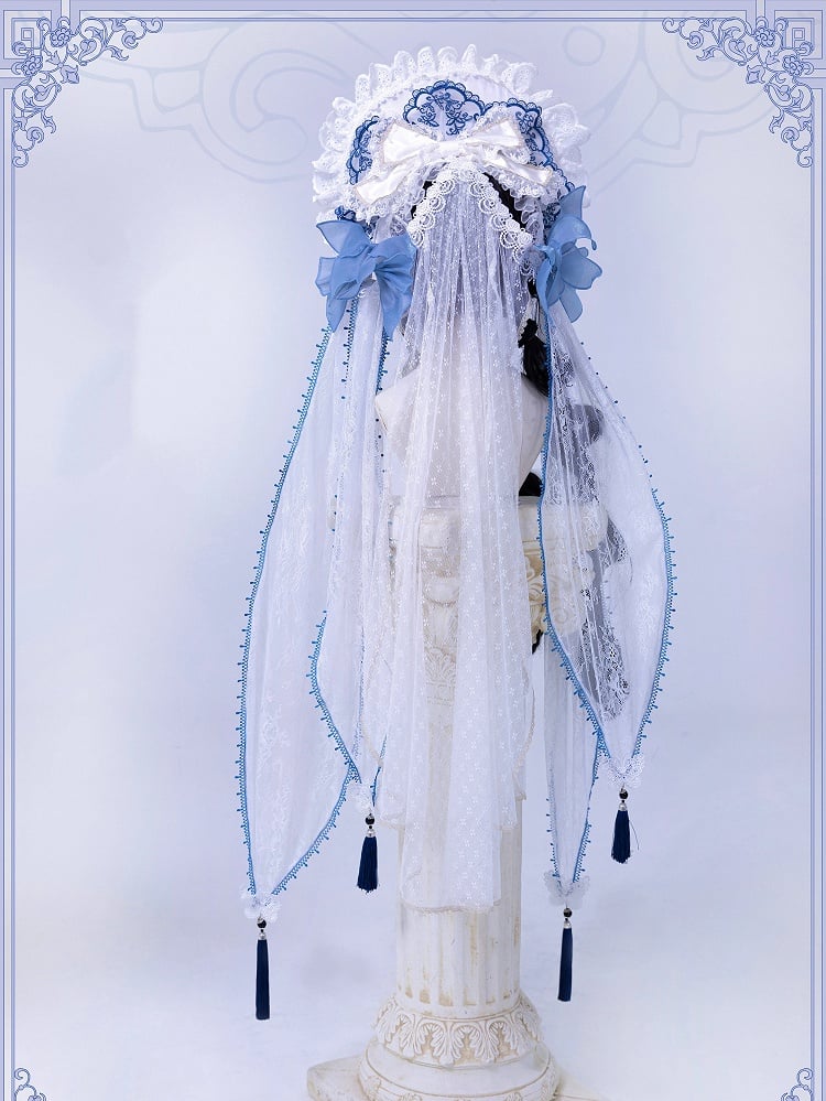 White and Blue Bonnet with Detachable Veil by Bramble Rose