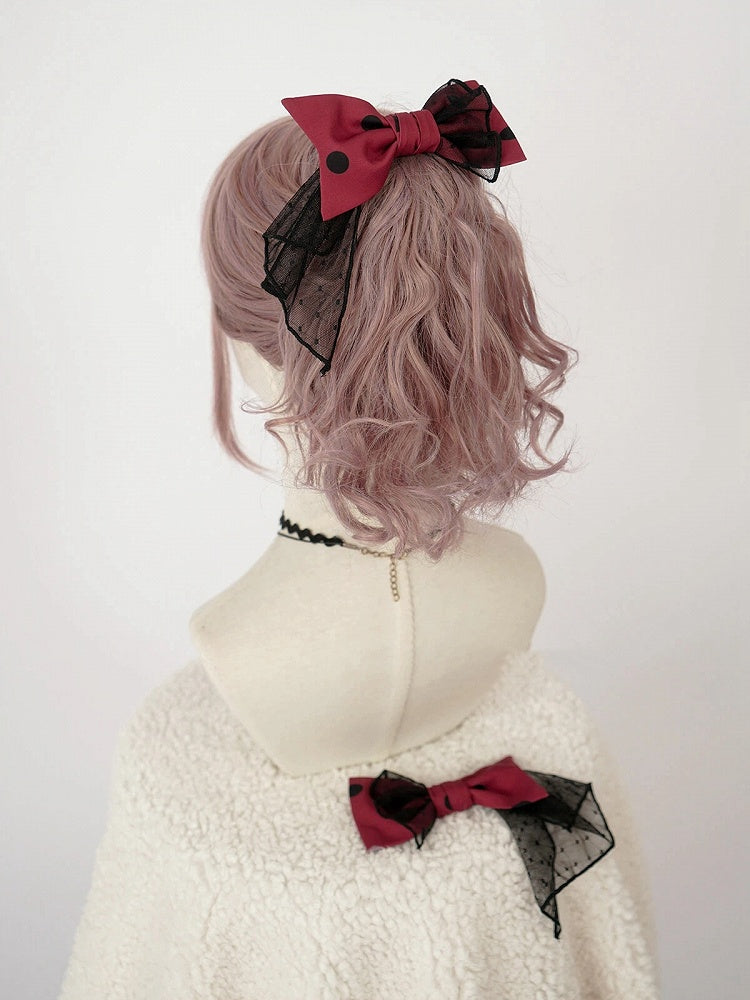 Purple Lolita Polka Dot / Hairclip Bowknot Red Pink