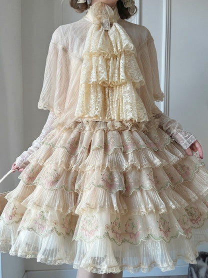 Skirt Flower Elegant Embroidery with Green Pink Details Tencel Lolita Multi-Layered