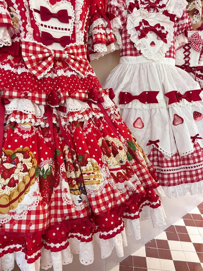 Sleeves Hem Print Lolita Puff Red Ruffle Cake Dress Strawberry with Sweet