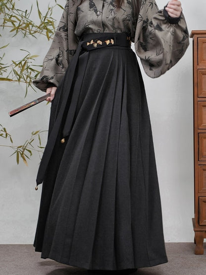 Pleated Style Detail Skirt Chinese with Waistband Elastic Black