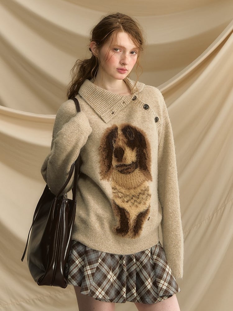 Vintage-Inspired Asymmetrical Neckline Sweater with Plush Sausage Dog Design Apricot/Dark Gray
