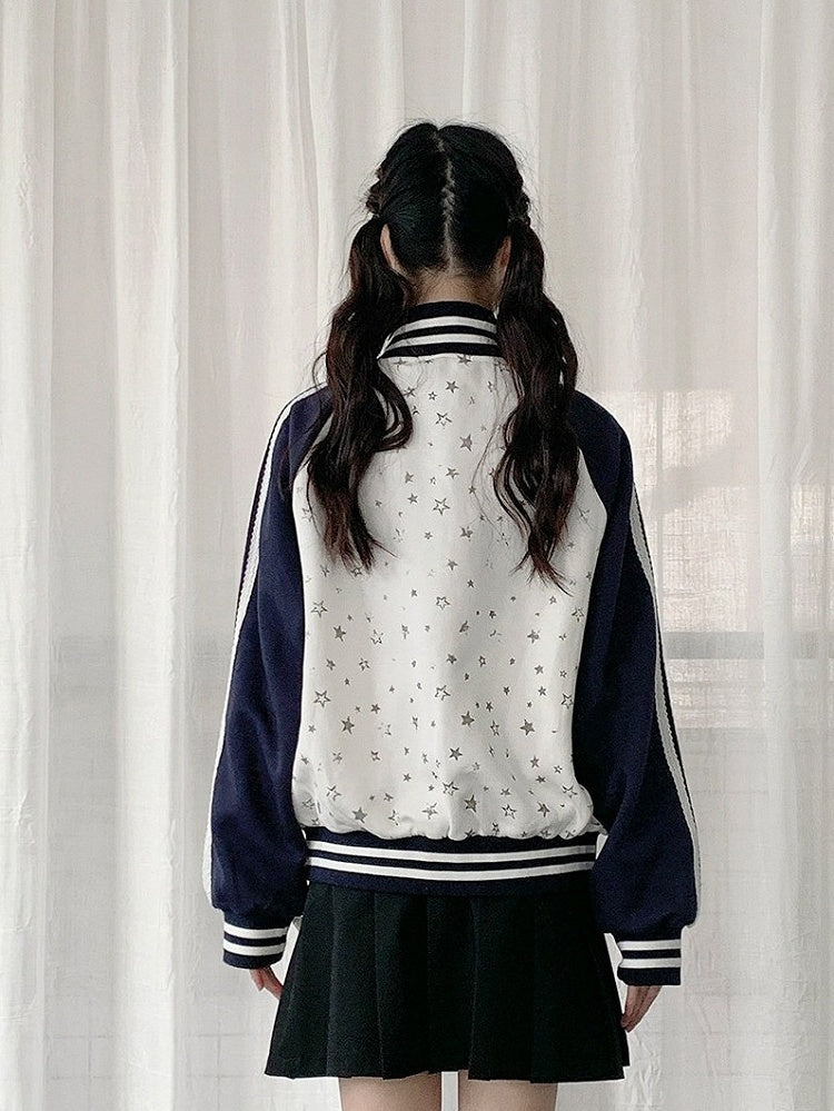 White Dark Blue Striped Star Print Jacket - Solkatt