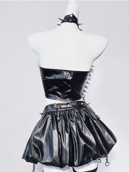 パンクなブラックホルターネックスタッズクロスチェーンノースリーブトップス+スカートセット