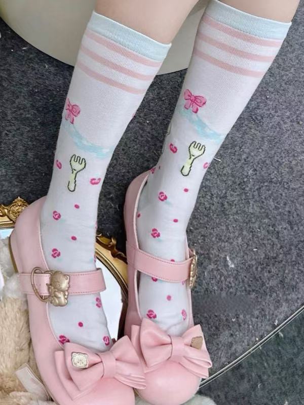 Stockins Cake Pattern Fork Underknee White Pink Beige With and
