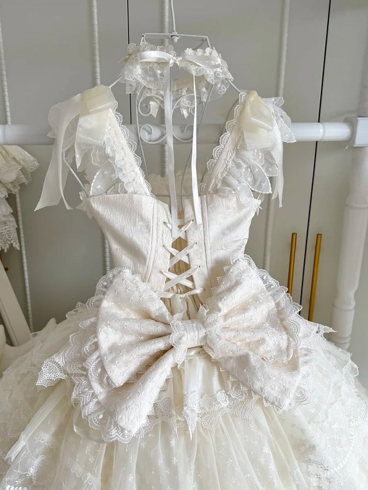 Apricot JSK Dress with Multi-Layer Lace Trim and Bow Accents, Tiered Silhouette - Dream Gift Box