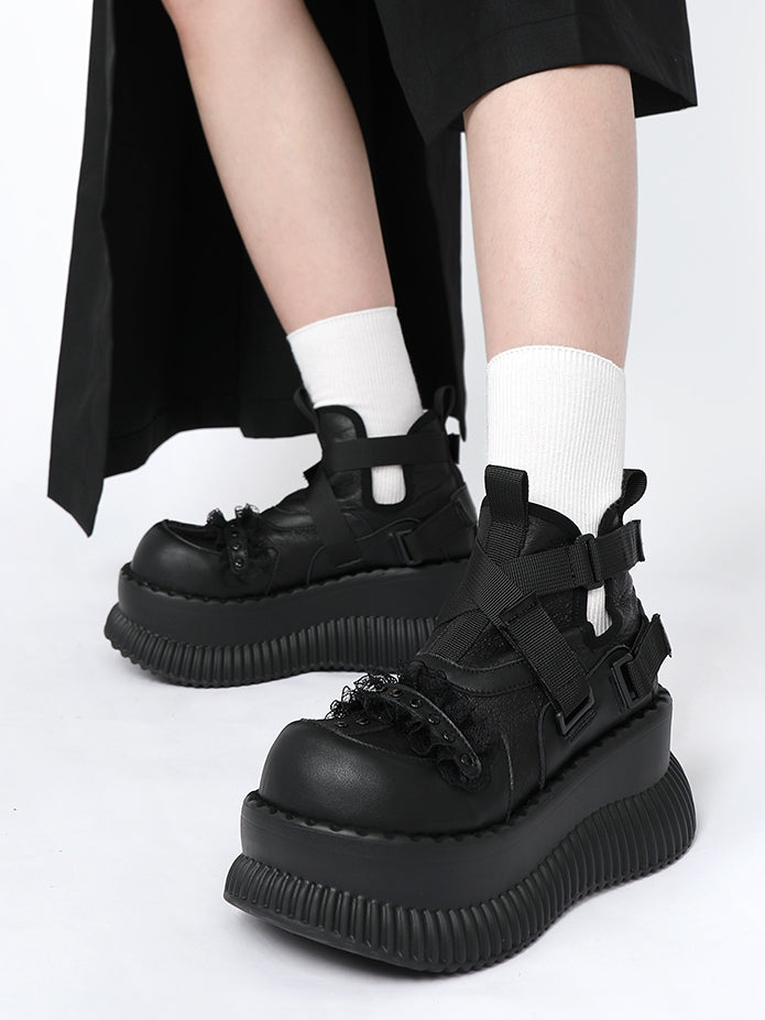 Shoes Stud Black Crisscross - Lace Platform Straps with Rock Details Punk Velcro Trim