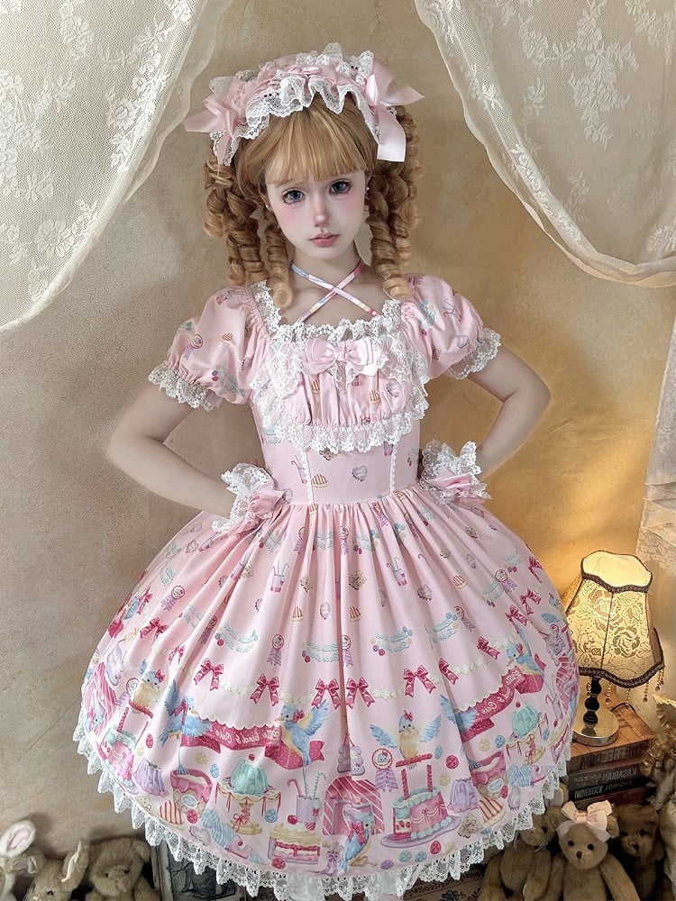 Pink Puff Sleeve Halter Lolita OP Full Set with Dessert and Bird Print, Hairband, Baby Hat, Wrist Cuffs and Bow Hair Clip - Good Night Meow