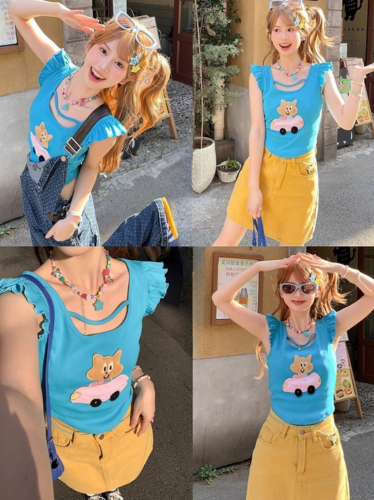 Free Kitty Applique Flatterärmel Top Blau Süße Halskette mit