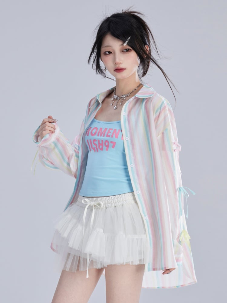 シャツ ゆったり カラフル 装飾 ストライプ 蝶結び 袖