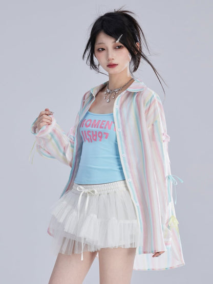 シャツ ゆったり カラフル 装飾 ストライプ 蝶結び 袖