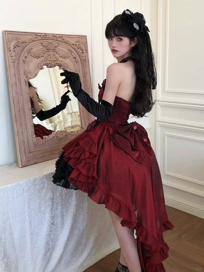 Lolita Bouquet Strapless Boned Red Gothic Hem with Black Rose Dress