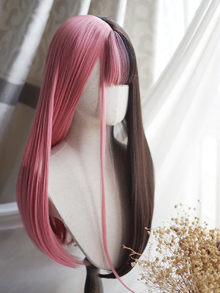 Rosa-schwarze, geteilte, hüftlange, glatte Perücke mit vollem Pony