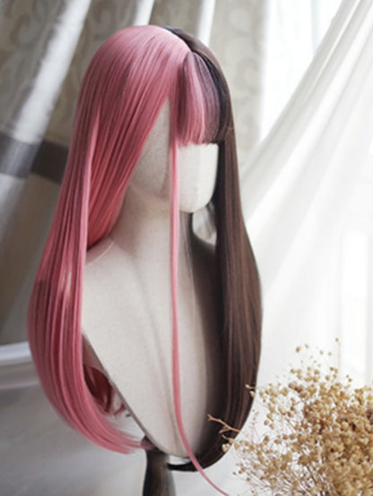 Rosa-schwarze, geteilte, hüftlange, glatte Perücke mit vollem Pony