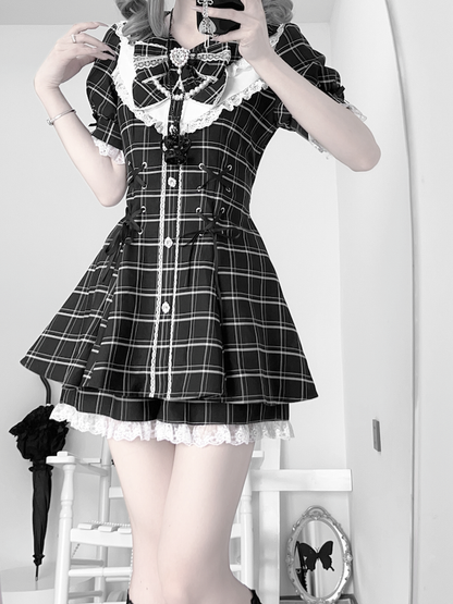 ミニドレス+ショーツ ジライ ブラック レースアップ チェック柄 セット 装飾ディテール ケイウエスト ラインストーン