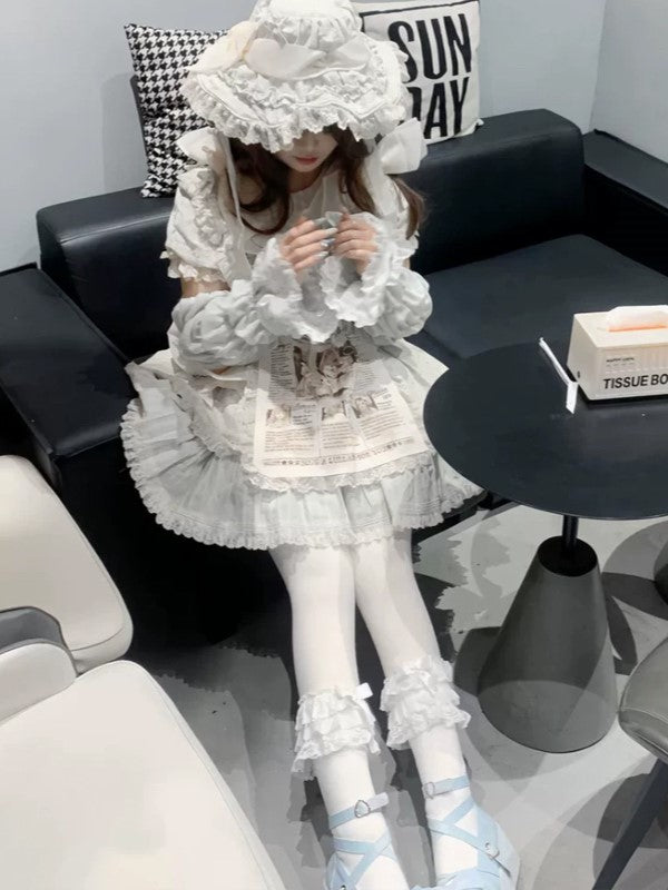 Lace Hollow-out Cuffs White Bowknot Gray/Pink/Black Sleeves Tiered Lolita With Details