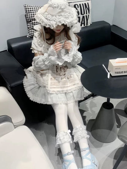 Lace Hollow-out Cuffs White Bowknot Gray/Pink/Black Sleeves Tiered Lolita With Details