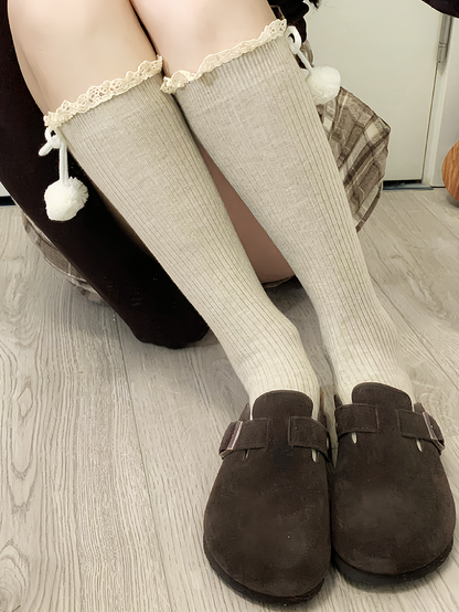 Milk White/Khaki/Camel/Red/Black Lolita Lace Trim Calf Socks With Pompons