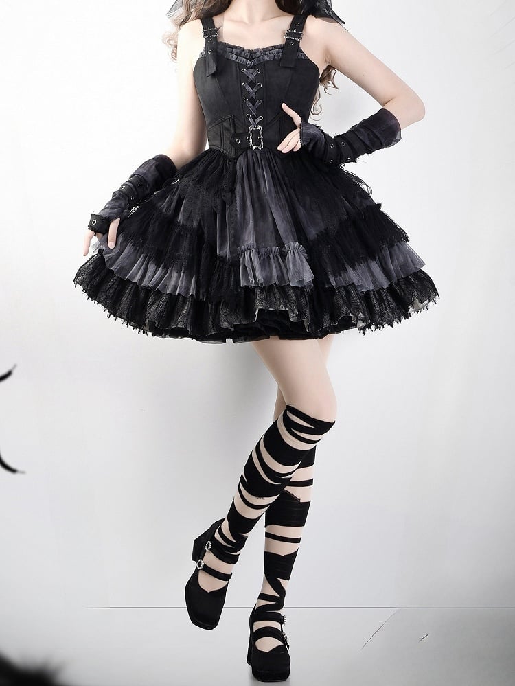 Buckle Feather Dress Panel Straps Shoulder Lace Skirt Gothic Black Lolita
