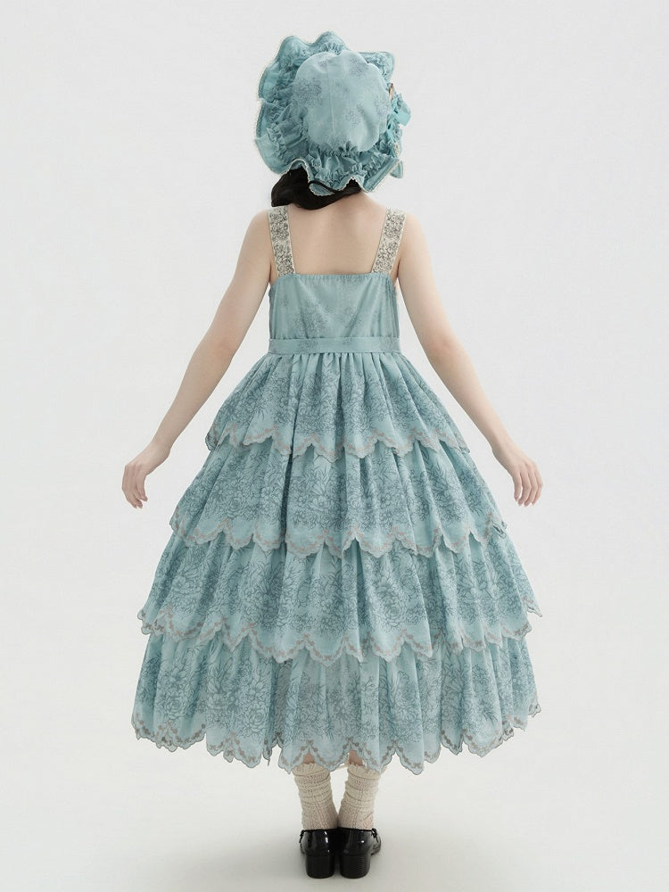 Jumper with Trim Scallop Skirt Blue Classic Layered Print Embroidered Lolita Floral