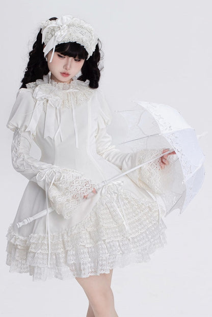 All White Ruff Collar Old School Long Sleeves Shiro Lolita Dress