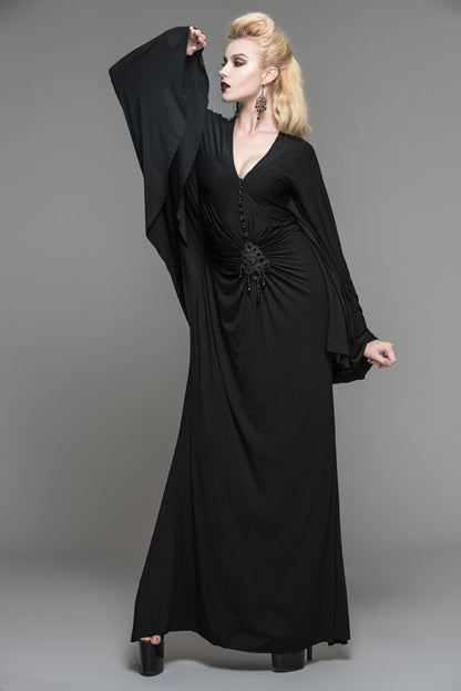 Black Frog Button Bat Sleeve Deep V-Neck Gothic Dress for Women