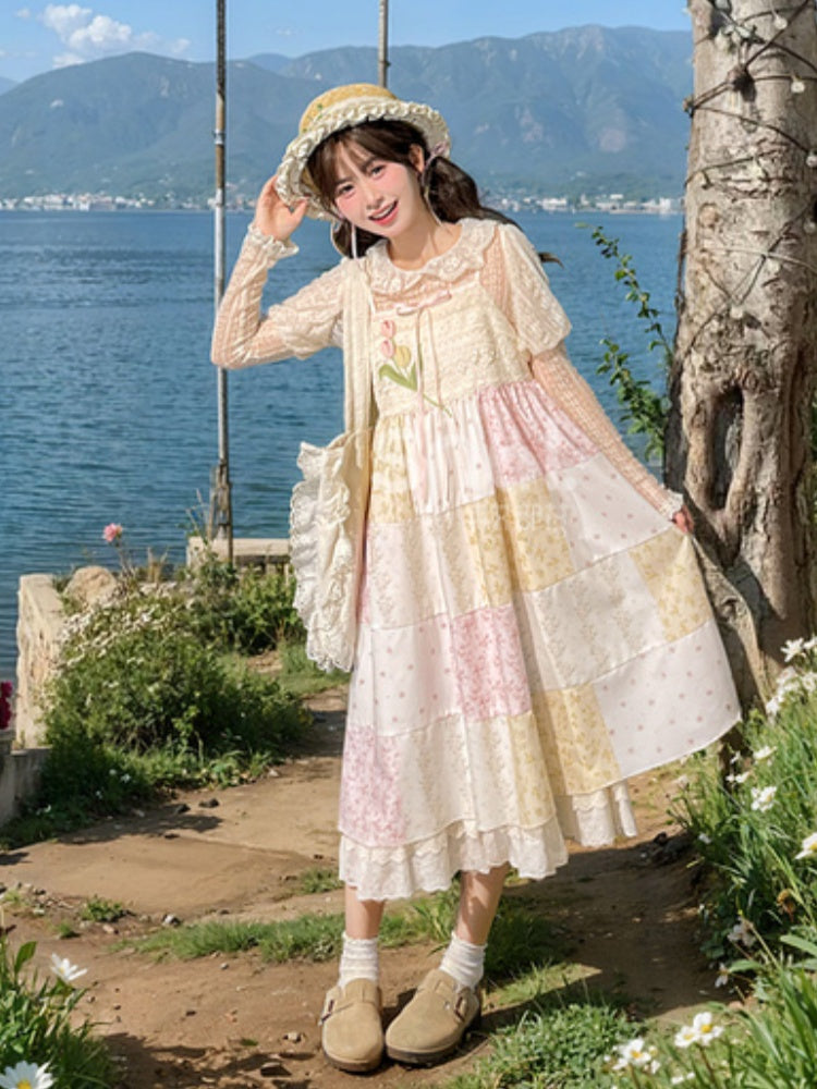 Mori Kei Beige & Pink Tulip Floral Patchwork Summer Dress